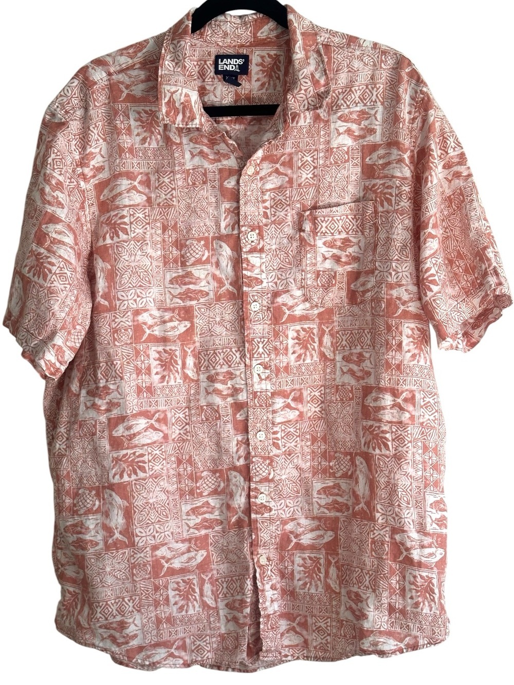Lands' End Linen Hawaiian Coral Print Short Sleeve Button Up Shirt xl